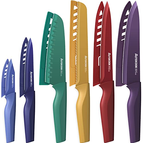 Astercook Knife Set, 12 Pcs Color-Coded Kitchen Knife Set, 6 Color Anti-Rust Coating Stainless Steel Kitchen Knives with 6 Blade Guards, Dishwasher Safe