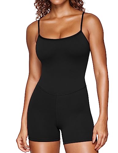 CRZ YOGA Butterluxe Athletic Rompers for Women Adjustable Strap Padded Workout Shorts Jumpsuits One Piece Bodysuit Tank Tops Black Medium