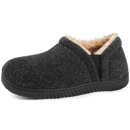 Zizor Men's Fuzzy Wool Fleece Slippers with Cozy Memory Foam, Indoor Outdoor Closed Back House Shoes with Non-skid Rubber Sole Hard Bottom, Onyx Black, 11