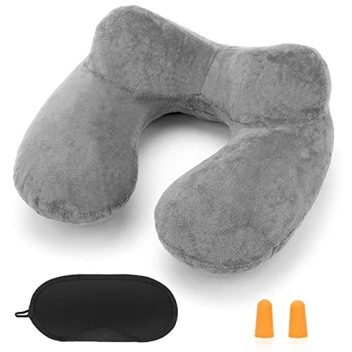HITSZS Inflatable Travel Pillow for Airplane Inflatable Neck Pillow for Traveling with Soft Velvet Washable Cover for Sleeping, Airplane,Train, Car, Office, Contoured Eye Masks, Earplugs