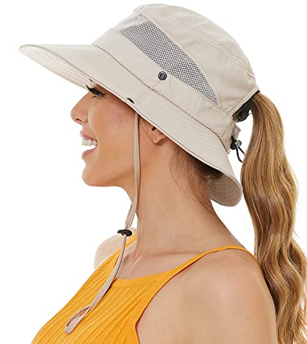 Sun Hat with Ponytail Hole for Women,Sun UV Protection UPF50+ Waterproof Beach Bucket Safari Hiking Hat for Women Beige