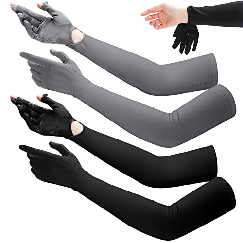 Yahenda 2 Pairs Women UV Long Sun Protection Gloves Touchscreen Arm Sun Driving Gloves UPF 50+ for Outdoor Sports Cycling (Gray, Black)