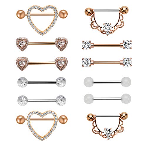 NASAMA Stainless Steel Acrylic Nipple Rings Tongue Ring CZ Barbell Heart-Shape Piercing Body Jewelry (6pair Rose gold)