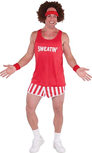 Red Fitness Instructor Costume Set - Adult Standard Size Workout Outfit (Includes Red Wig, Headband and Wristbands) - Ideal for Costume Parties, Gym Workout Sessions, Fitness Events & More