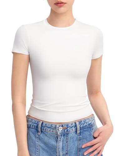 PUMIEY Summer Tops for Women Slim Fit Short Sleeve T Shirts Sexy Y2K Crop Top, Splashed White Medium