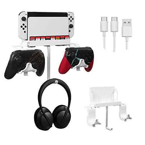 Hosanwell Switch Wall Mount, Wall Mount for Switch/Switch OLED, with Hooks for Hanging Joy-Cons, Dual Controller Holder with Non-Slip Mat, White