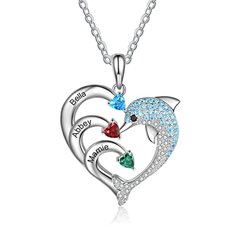 JewelOra Gifts for Mom Personalized Dolphin Necklace Customized Heart Necklace with Simulated Birthstone Engraved Name Necklace Pendant for Women Mom Cute Dolphin Animal Jewelry Gift(3 name)