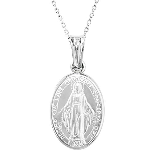 Ritastephens Italian Sterling Silver Miraculous Virgin Mary Medal Latin Prayer Charm Pendant Necklace, 19mm, 18'