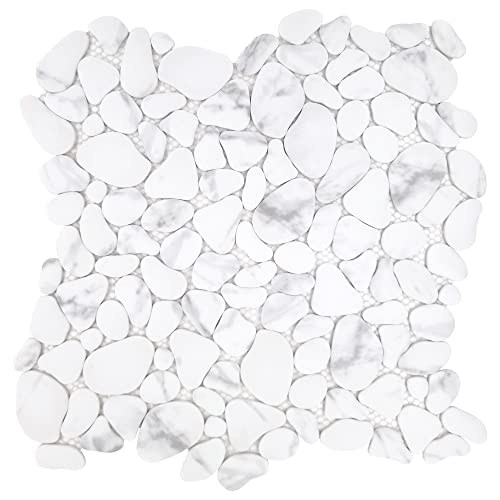 Sunwings Pebble Tile for Shower Floor Border Kitchen Bathroom Backsplash. Marble Stone Looks Wall and Floor Tile, 10 Sheets, Carrara White.