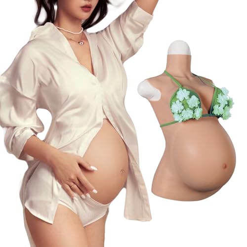 HYRETENORU 9 Months Silicone Fake Pregnant Belly with Breasts Maternity Fake Belly Realistic Movie Props Cosplay Crossdresser Pregnant Belly Costumes (Ivory White, Pregnant for 9 Months)