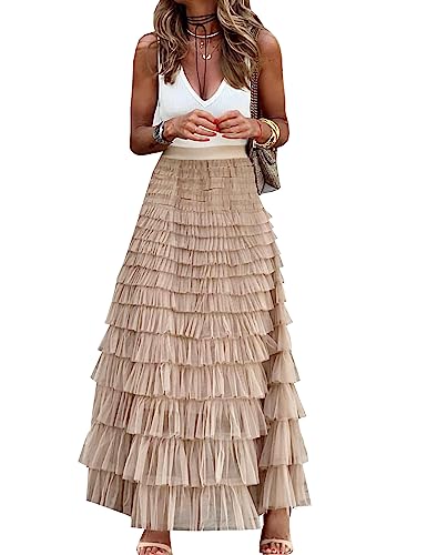 Womens Long Maxi Tulle Skirt A Line Ruffle Mesh High Waisted Tiered Layered Skirts Petticoat(Khaki-XLarge)