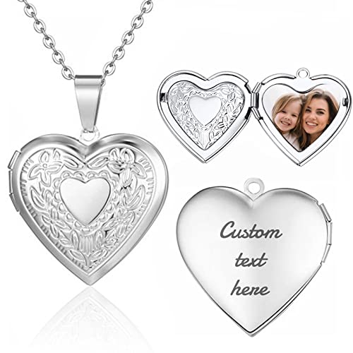LOFART Picture Locket Necklace, Custom Necklace with Picture Inside Photo Heart Locket Necklace Platinum18K Gold Gift Custom Love Heart Image Texts Necklaces Christmas Valentine's Gift