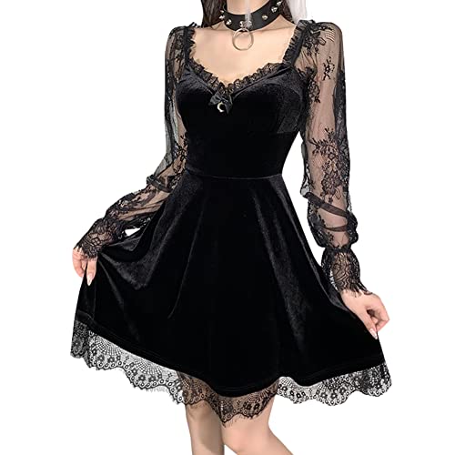 IKADEX Gothic Lolita Dress for Women Black Lace Dress Velvet Mini Dresses Goth Clothes for Teen Girls #A: Black M