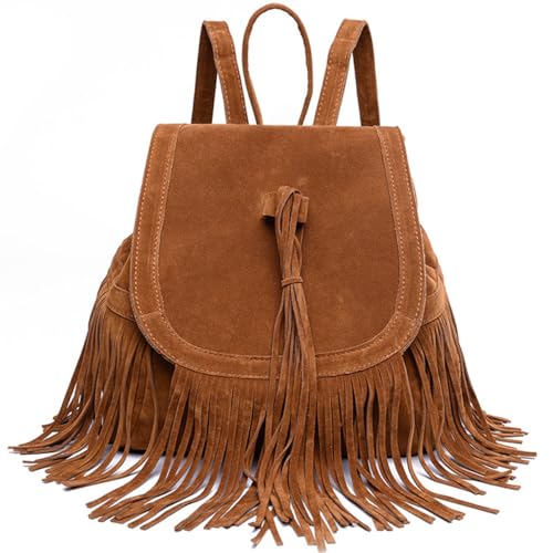 AMVIKS Women Backpack Purse Suede Fringed Tassel Shoulder Bag Fashion PU Leather Travel Bag Drawstring Daypacks