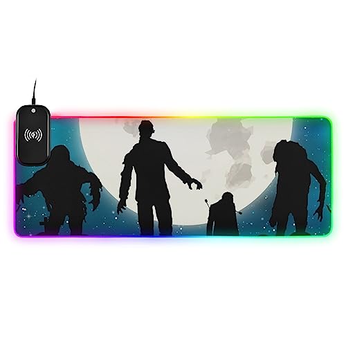 Halloween Zombies Full Moon Wireless Charging Mouse Pad for Mobile Phone Extra Large Gaming Mousepad with 13 Lighting Modes Mouse Mat for MacBook PC Laptop Desk Office Home Gaming