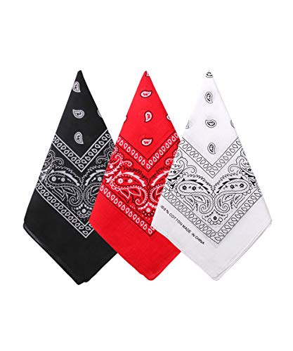 Bycc Bynn 3 Pack Pure Cotton Paisley Pattern Bandanas Square Scarf Headwear (Black + Red + White)