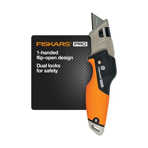 Fiskars Pro Retractable Folding Utility Knife - Box Cutter with CarbonMax Blade- Work Gear - Orange/Black