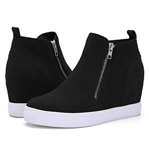 Athlefit Women's Hidden Wedge Sneakers Platform Booties Casual Shoes Wedgie Sneakers Size 8 Black