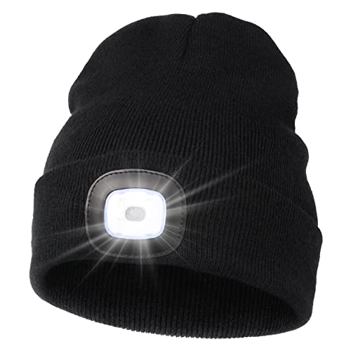 MELASA Unisex LED Beanie with Light, USB Rechargeable Hands Free LED Headlamp Hat, Knitted Night Light Beanie Cap Flashlight Hat, Men Gifts for Dad Father Husband (Black)