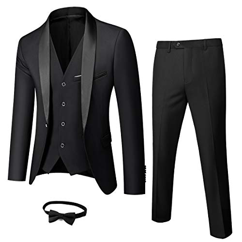 MYS Mens 3-Piece Suit Shawl Lapel One Button Tuxedo Slim Fit Premium Dinner Jacket Vest Pants & Tie Set Black