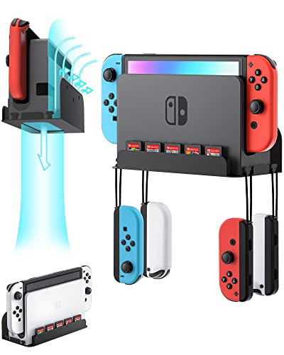 ZAONOOL Wall Mount for Nintendo Switch and Switch OLED - Metal Wall Mount Kit Shelf Accessories with 5 Game Card Holders and 4 Joy Con Hanger, Safely Store Switch Console Near or Behind TV, Black