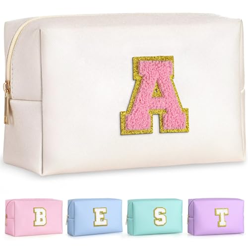 TOPEAST Preppy Makeup Bag, Personalized Initial Bags with Zipper, Cute Makeup Pouch, PU Leather Waterproof Cosmetic Bag, Birthday Gift For Daughter, Preppy Things For Teen Girls (Pearly White A)