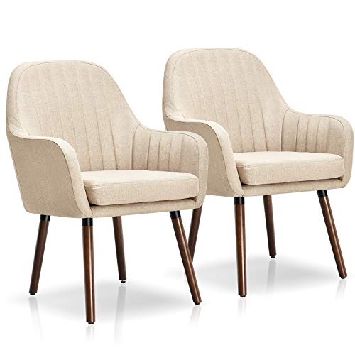 Giantex Set of 2 Fabric Dining Chairs, Accent Upholstered Arm Chair w/Wood Legs, Thick Sponge Seat, Non-Slipping Pad, Modern Leisure Chair for Dining Room, Living Room, Bedroom (2, Beige)