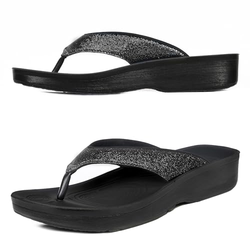 AEROTHOTIC Womens Slip On Lightweight Plantar Fasciitis Orthotic Flip Flops Comfortable Walking Outdoor Beach Ladies Arch Support Summer Thong Sandals (Crystal Black, size7)