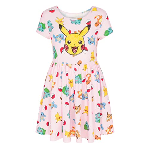 Pokemon Girl's Dress with Pikachu Sequins for Little and Big Girls 4-16, Pink, Large