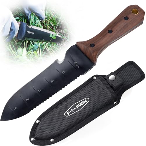 PERWIN Hori Hori Garden Knife, Garden Tools with Sheath for Weeding,Planting,Digging, 7' Stainless Steel Blade with Cutting Edge, Full-Tang Wood Handle with Hanging Hole