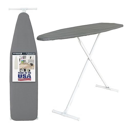 Ironing Board Full Size; Made in USA by Seymour Home Products (Solid Grey) Bundle Includes Cover + Pad | Iron Board w/Steel T-Legs Adjustable Tabletop up to 35' High; Perforated Top for Steam Flow