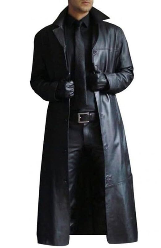 Mens Leather Trench Coat Full Length Black Classic Faux Leather Long Coat