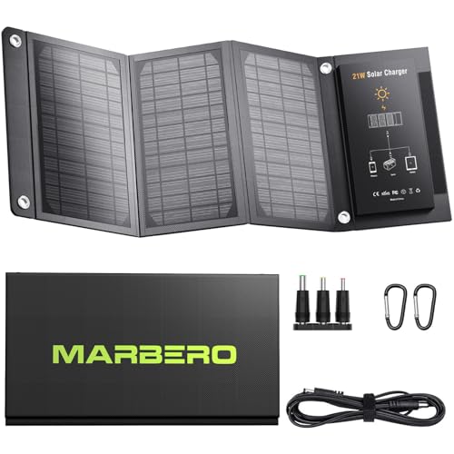 MARBERO Solar Panel 21W Foldable Solar Panel for Portable Power Station Solar Generator, iPhone, Ipad, Laptop, QC3.0 USB Ports & DC Output(3 Interchangeable Adapters) for Outdoor Camping Van RV Trip