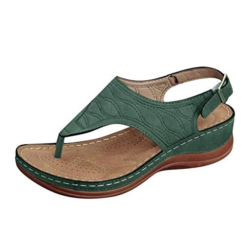 Shengsospp Platform Thong Flat Sandals for Women Comfortable Leather Foam Beach Sandals Vacation Essentials Sandals Embroidery Green, 7.5