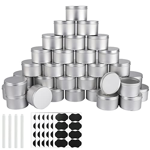 OBKJJ 42 Pack Round Cans with Screw Lid 7 Oz Aluminum Metal Tins DIY Food Candle Containers for Lotion Bars, Balms, Salve, Spices, Beard Balm, Crafts with 4 Markers 6 Sheets Label Stickers