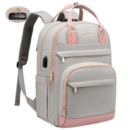 LOVEVOOK Laptop Backpack for Women, Large Capacity Travel Anti-Theft Bag Business Work Computer Backpacks Purse, Casual Hiking Daypack, 15.6 Inch, Light Grey-Pink