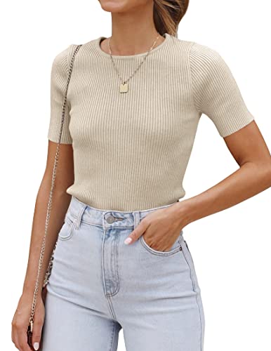 ZESICA Women's Short Sleeve Crewneck T Shirt 2024 Summer Ribbed Knit Slim Fit Basic Solid Color Tee Tops,Almond,Small