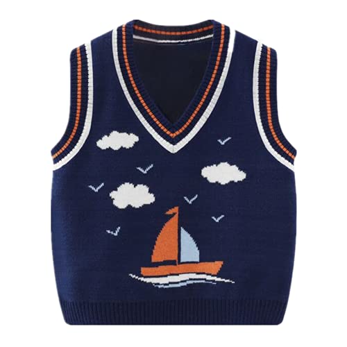 warmstraw Toddler Baby Boys Pattern Sweater Vest Knit V Neck Sleeveless Soft Knitted Sweater Vest Sailboat Navy 2-3 T