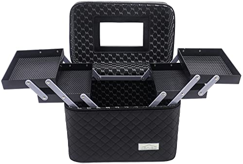 Sooyee Makeup Bag Cosmetic Bags with Mirror, Makeup Organizer 4 Layer Foldable Tray Open to The Sides,Makeup Travel Bag for Women,Makeup Box Train Case,Black