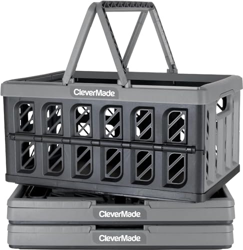 CleverMade Collapsible Shopping Basket, Stone, 3PK - 24L (6 Gal) Reusable Plastic Grocery Shopping Baskets, Holds 25lbs Per Basket - Small Foldable Storage Crates with Handles