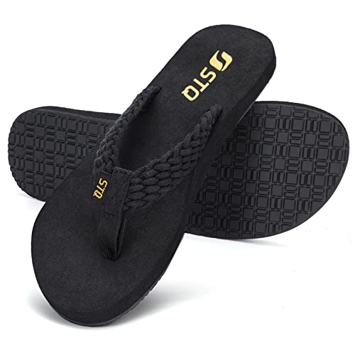 STQ Womens Flips Flops with Yoga Mat Quick Dry Thong Sandals for Water,Shower,Vacation All Black US 8