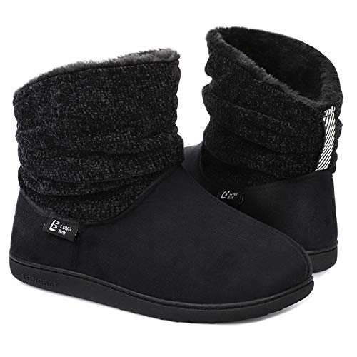 Longbay Women's Warm Chenille Knit Bootie Slippers Memory Foam Comfy Suede Fluffy Faux Fur Memory Foam Boots House Shoes (Medium / 7-8, Black)