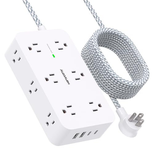 Extension Cord 10 Ft, Power Strip Surge Protector with 12 Outlets 4 USB Ports (2USB C), Large Desk Power Strip with Long Cord, Flat Plug, Wall Mount for Office Home College Dorm Room Essentials, White