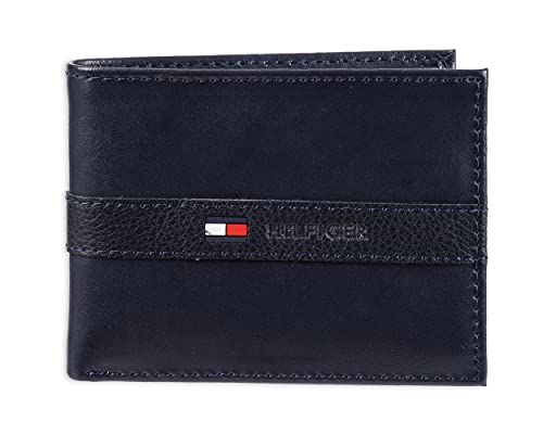 Tommy Hilfiger Men's Leather Wallet - Thin Sleek Casual Bifold with 6 Credit Card Pockets and Removable ID Window, Navy