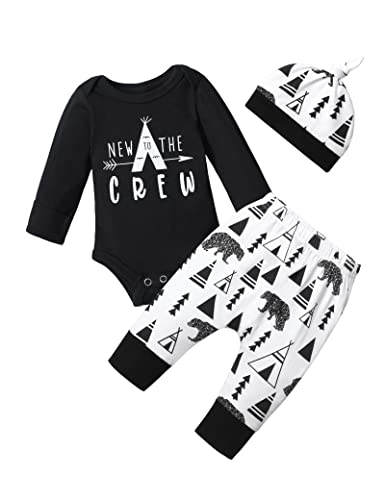 Fommy Newborn Baby Boy Clothes New to The Crew Letter Print Romper+Bear Pants+Hat 3PCS Outfits Set Newborn