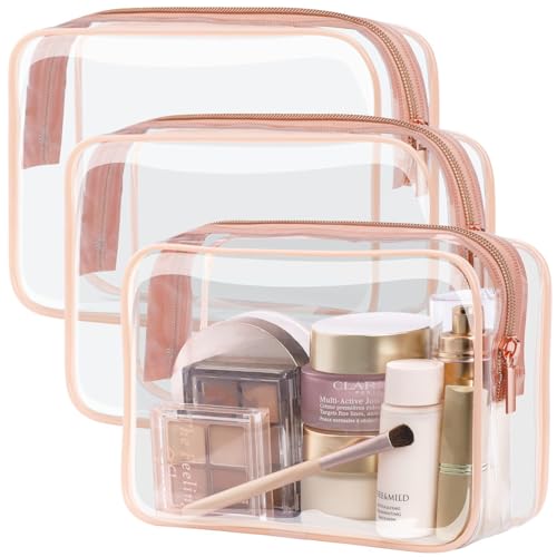 PACKISM 3 Pack Clear Makeup Bag, TSA Approved, 7.5 x 5.5 x 2.2 in, Active Rose Pink