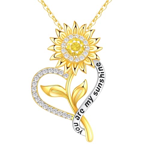 Sunflower Necklace for Women Gifts for Wife 18K Gold Plated 925 Sterling Silver You Are My Sunshine Necklaces for Girls Heart Pendant Jewelry for Mom on Mother’s Day Valentine's Day Birthday Christmas