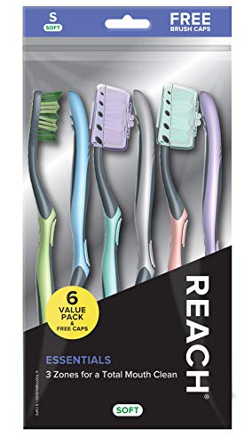 Reach Essentials Toothbrush with Toothbrush Caps, Multi-Zoned Angled Soft Bristles, Contoured Handle, Tongue Scraper, 6 Count