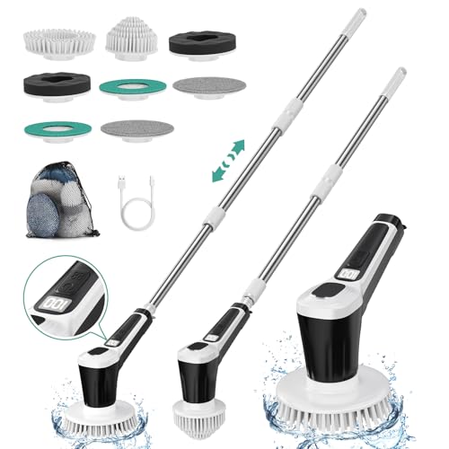 Electric Spin Scrubber, IP68 Professional Waterproof Spin Scrubber, 4500mAh Battery Power Spin Scrubber, 51 inch Cordless Household Cleaning Brush with Automatic Water Spray