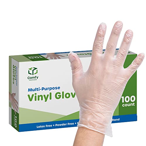 Comfy Package [100 Count] Clear Powder Free Vinyl Disposable Plastic Gloves - Medium